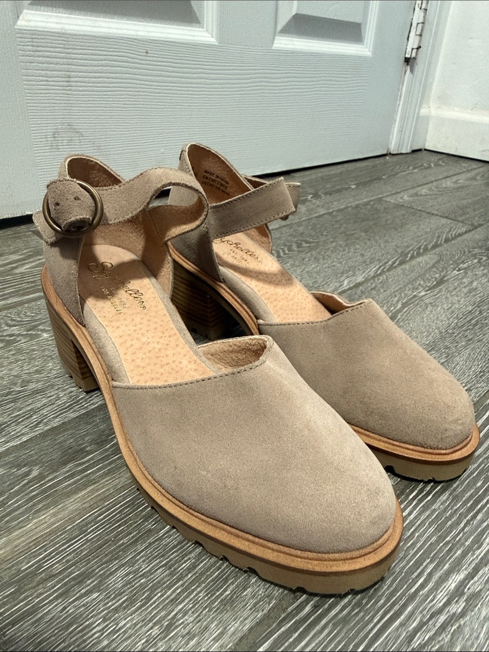 Seychelles Taupe Suede Ankle-Strap Block Heel Sandals
